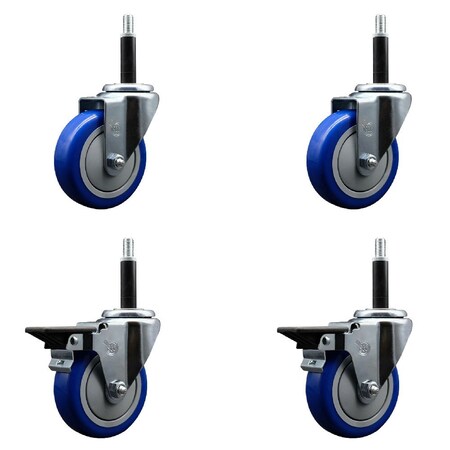 Service Caster 4'' Blue Poly Wheel Swivel 3/4'' Expanding Stem Caster Set 2 Brakes, 4PK SCC-EX20S414-PPUB-BLUE-2-PLB-2-34